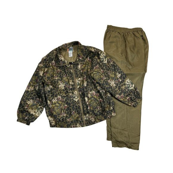 EVR Silk‎ Bomber Jacket Pant Set Womens XL Green Leopard Floral Vintage - Picture 1 of 16